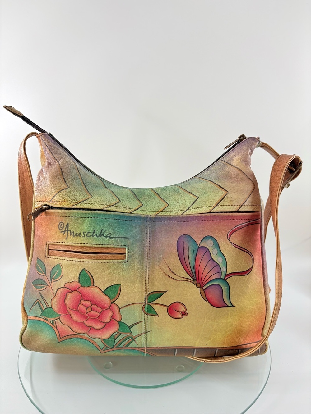Anuschka Hand Painted Leather Crossbody Shoulder Bag Floral Butterfly Boho